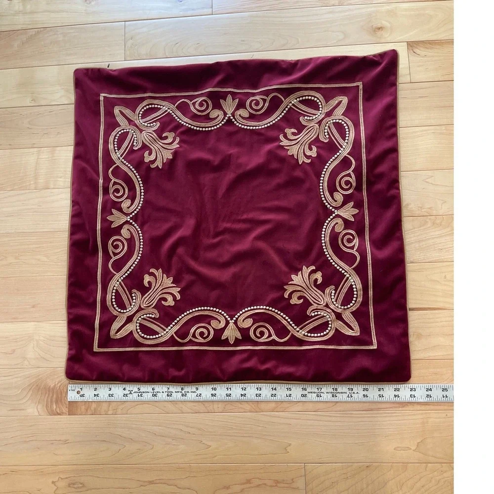 Burgundy Velvet Gold Embroidered Fleur-de-Lis Throw Pillow Cover 22x22 Square